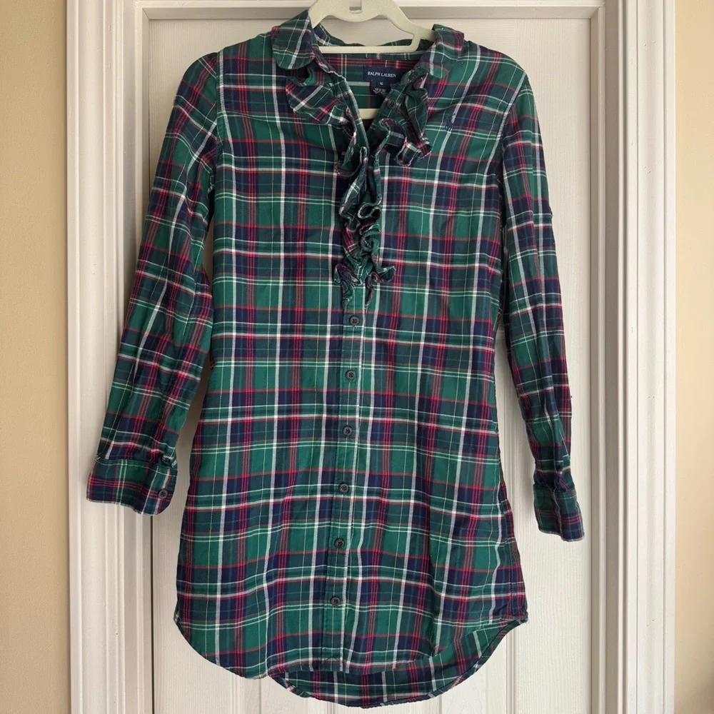 Polo Ralph Lauren Girls Flannel Holidays Plaid Long Sleeve  Shirt  Dress 16